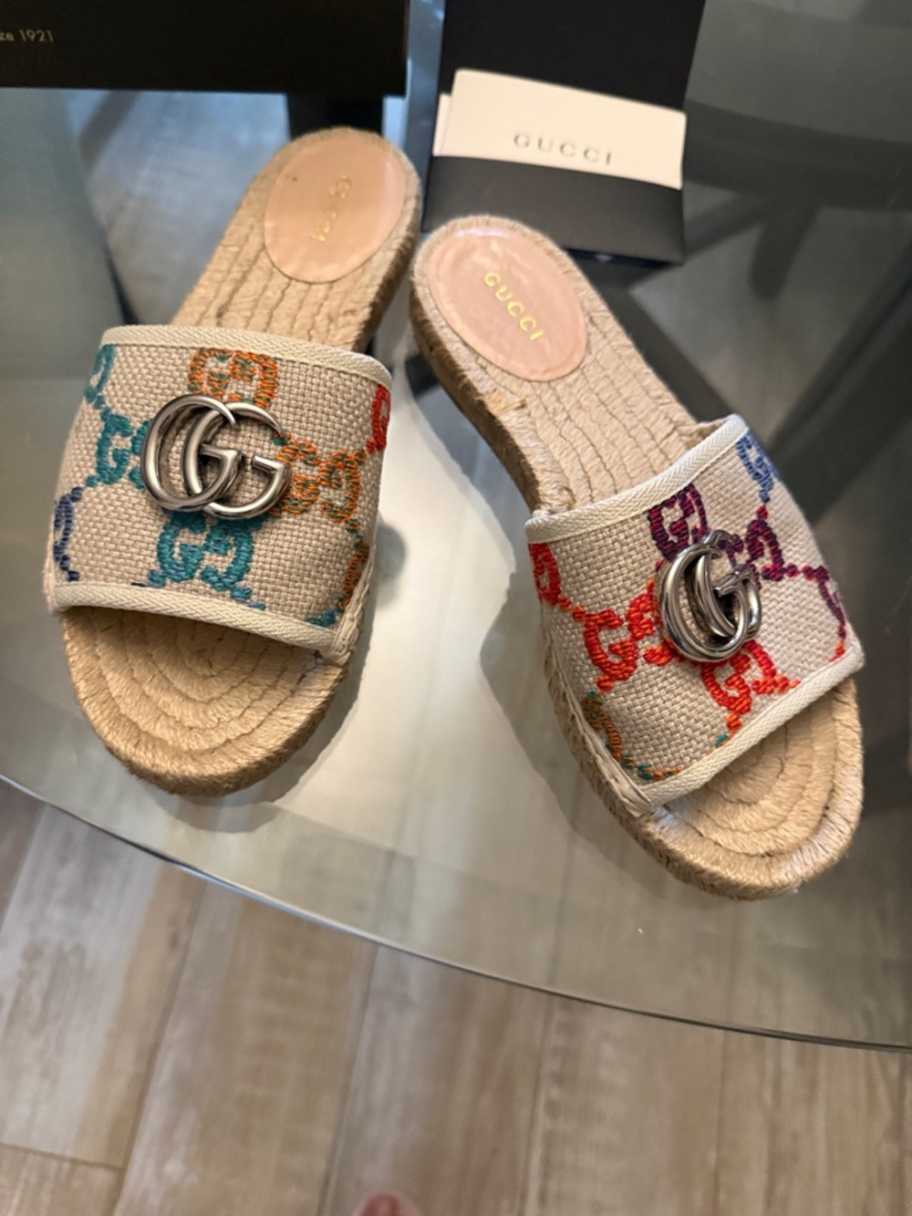 Gucci Multicolor GG Canvas Espadrille Slide Sandals with Silver Double G - Picture 2 of 4